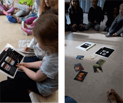 Linkes Bild: Ein Kind liest sich ein Informationsblatt über Nutella durch. Rechtes Bild: Eine Gruppe Kinder sitzt in einem Kreis, in dessen Mitte einige Informationsmaterialien liegen.