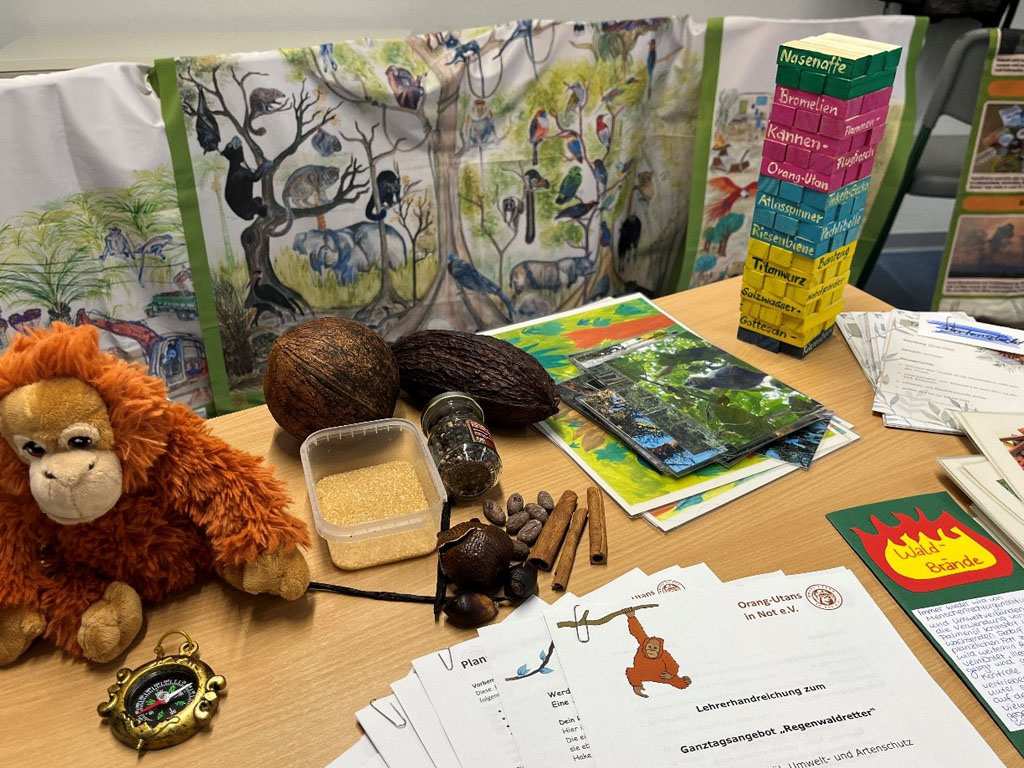 Unser umfangreiches Anschauungsmaterial wie Poster, getrocknete Regenwaldfrüchte, Flyer, Spiele und Unterrichtskonzepte wurden auf einem Tisch präsentiert.