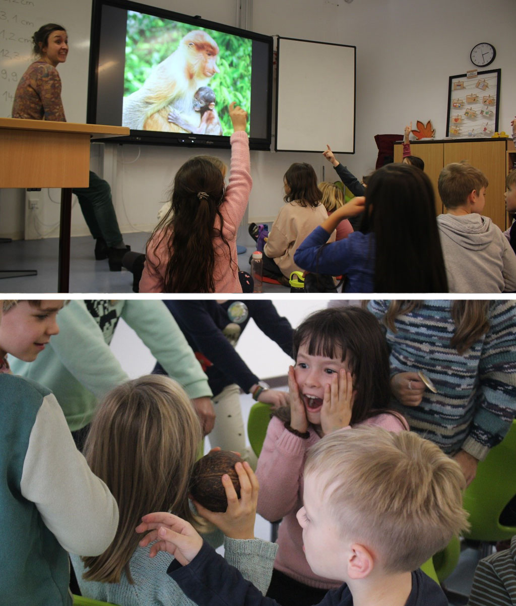 Bild oben: Mehrere Kinder sitzen vor einer digitalen Tafel auf dem Boden, einige melden sich. Auf der Tafel wird das Bild von einer Nasenaffenmutter und ihrem Kind angezeigt. Am linken Bildrand steht die Umweltbildnerin. Bild unten: Eine Gruppe von Kindern steht und sitzt eng beieinander. Eines der Kinder hält eine Kokosnuss in der Hand. Ein anderes schaut überrascht mit offenem Mund und hält sich dabei die Wangen.