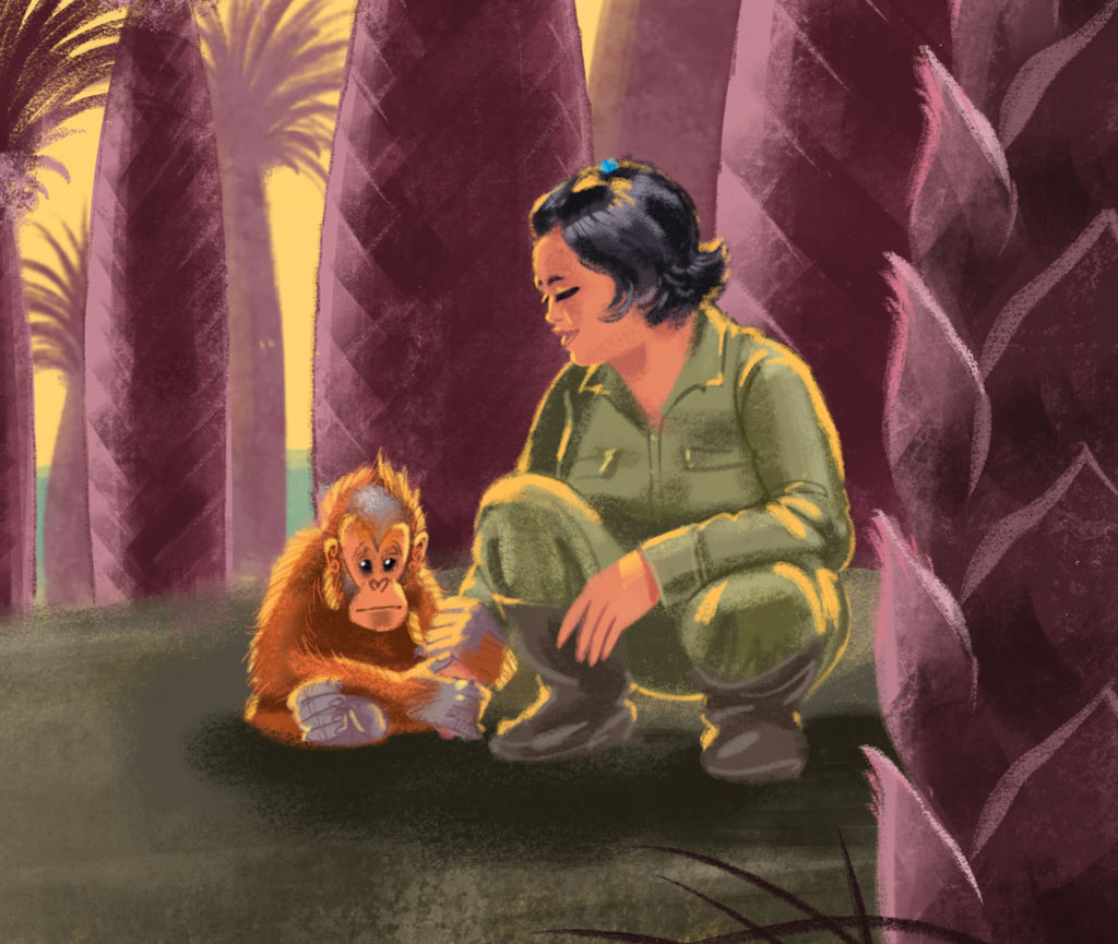 Eine Seite aus dem Büchlein "Rimbas Abenteuer": Rimba sitzt verängstigt auf einer Palmölplantage. Ein Mensch hat ihn gefunden und kümmert sich um ihn.
