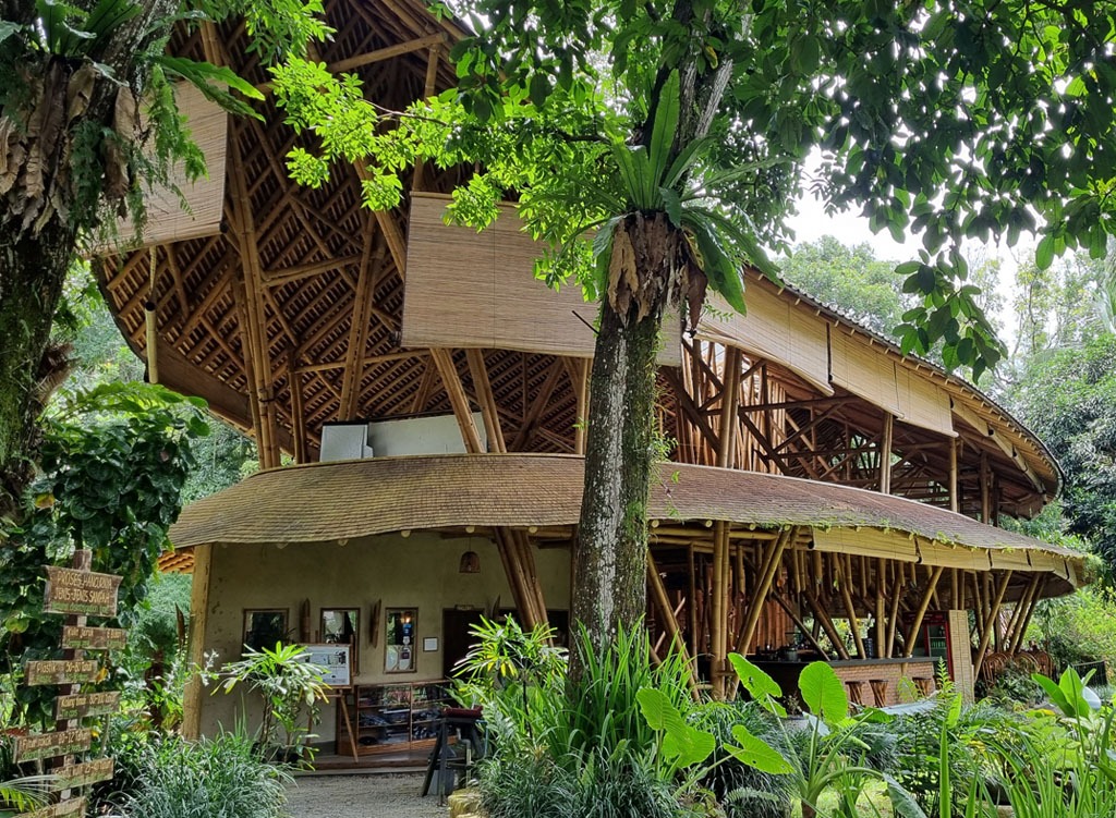 Der Empfangsbereich mit Restaurant der Ecolodge. Das Gebäude ist komplett aus Bambus gebaut.
