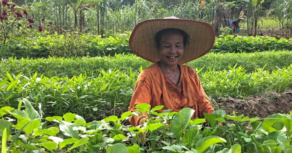 Eine Farmerin erntet Gemüse und lächelt dabei.
